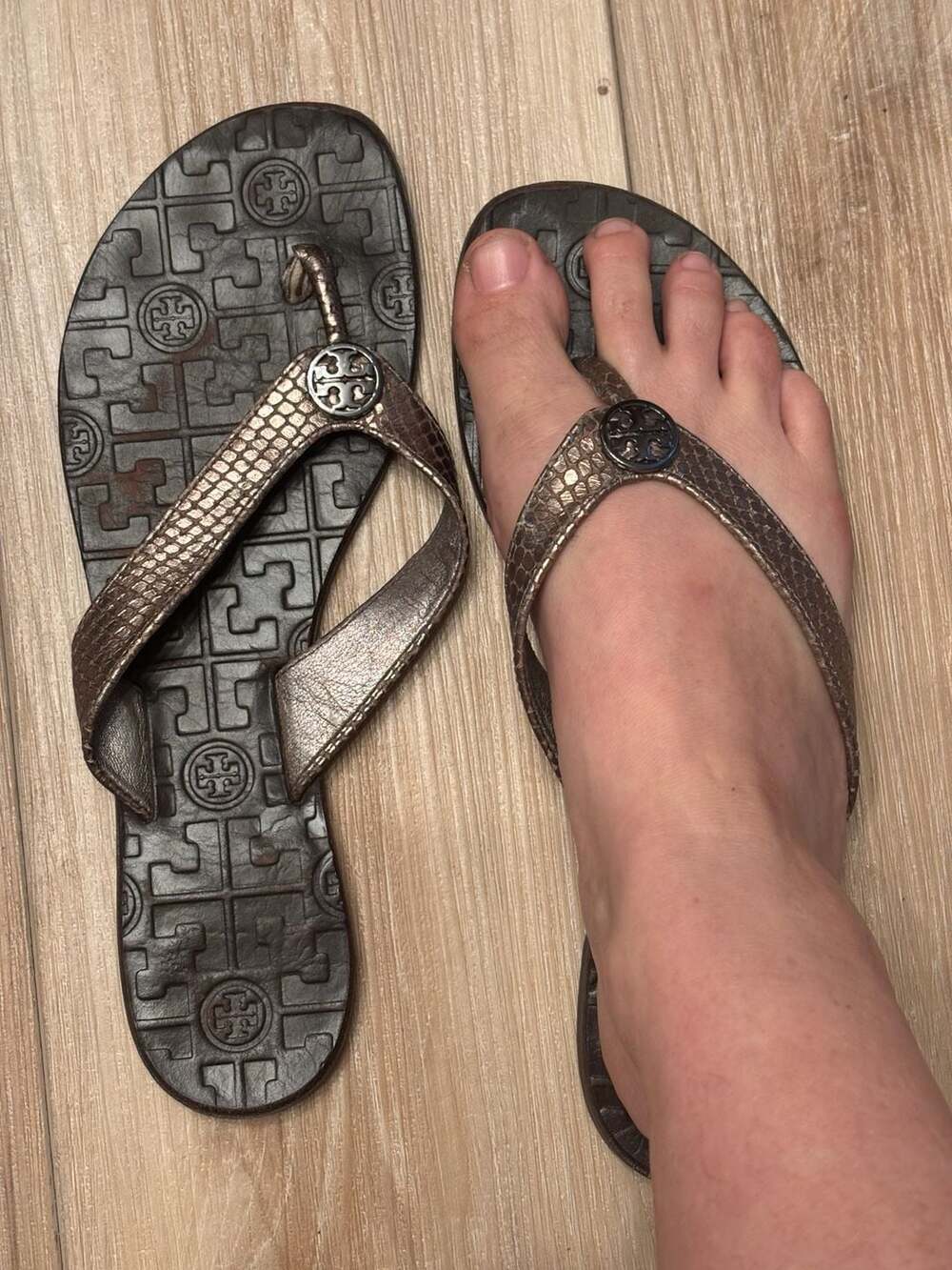 Tory Burch Women's Snakeskin Print Thin Flip Flops with Silver Logo Medallion